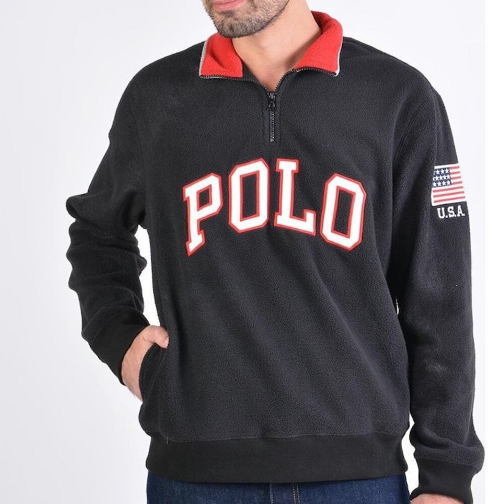 Polo Ralph Lauren XL Black Logo Quarter Zip Fleece Pullover Sweatshirt Preppy